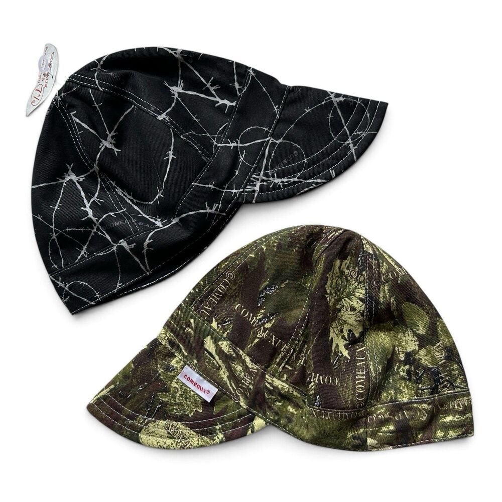 2-Pack NWT Comeaux Caps Welding Caps 7 1/8 Barbed Wire & Camo Reversible USA
